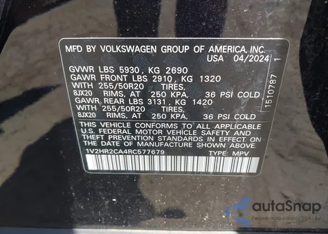 2024 Volkswagen Atlas Se из США, поврежденный, VIN 1V2HR2CA4RC577679